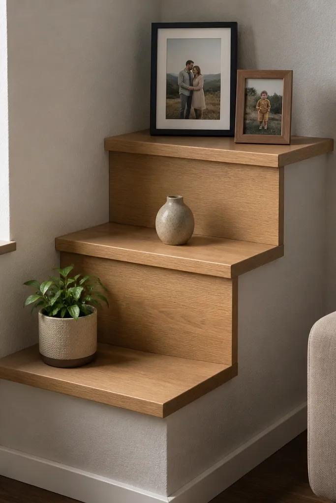 Corner shelf with staggered step-down levels holding a plant and framed art