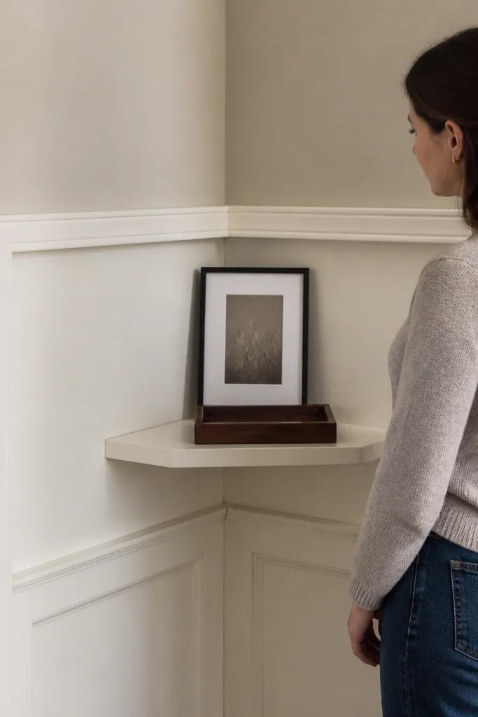 Corner shelf framed by simple trim boards like small wainscot panels