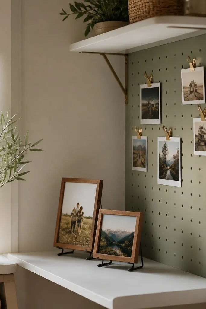 Corner shelf with a small pegboard side holding clips and a few small items