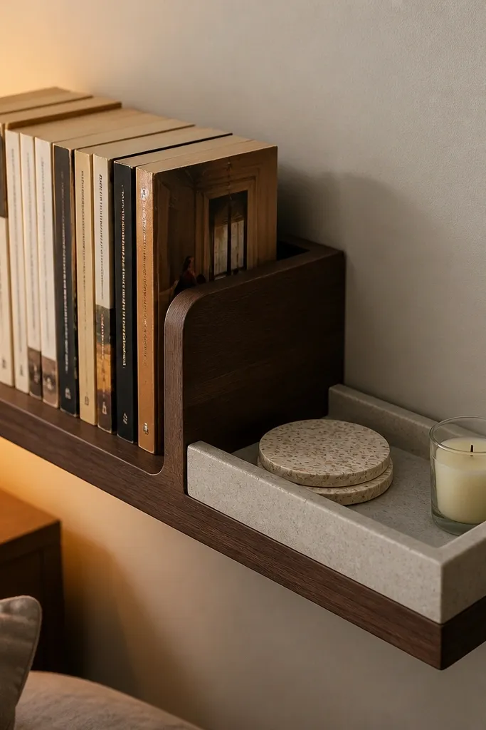 Corner shelf with a raised spine stop and a shallow tray section