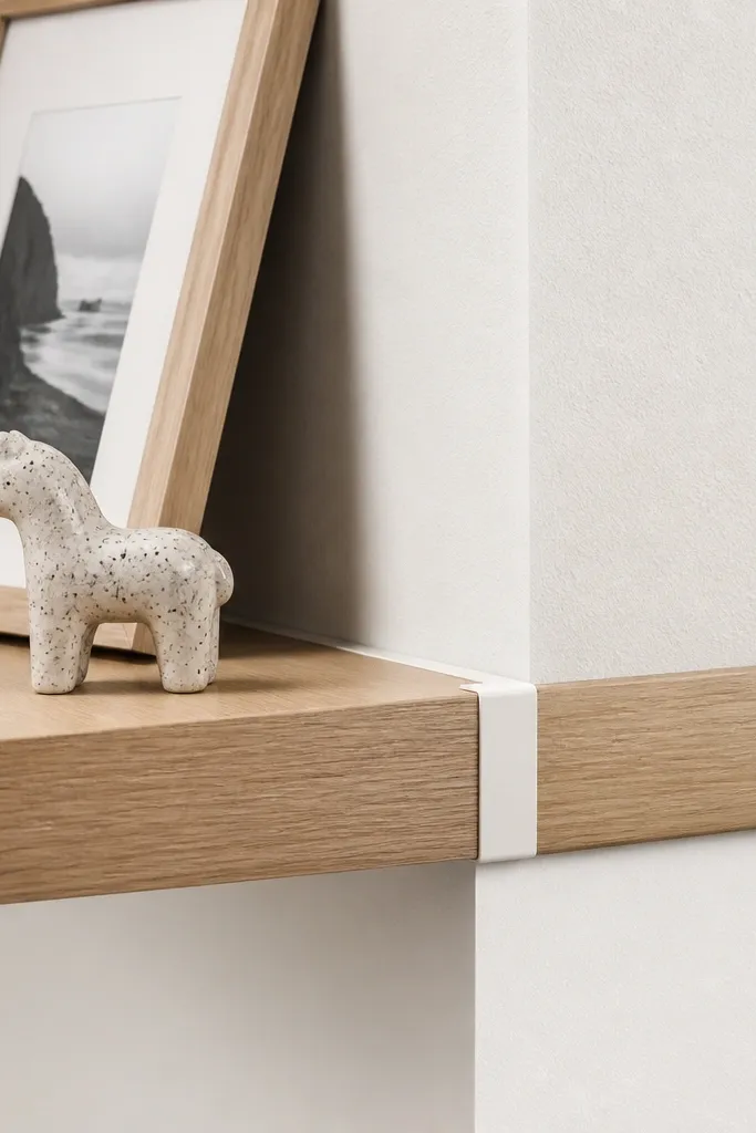 Floating corner shelf with a decorative cap trim piece at the corner junction