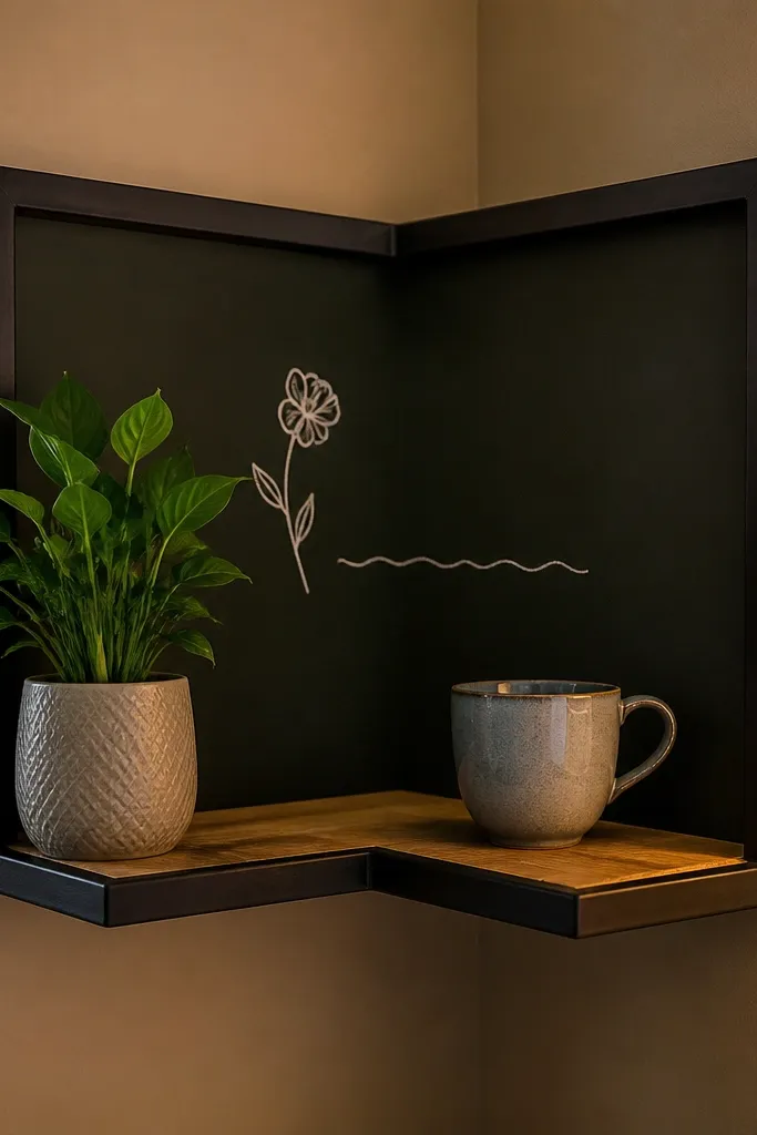 Corner shelf with an L-shaped frame and a chalkboard panel behind small decor