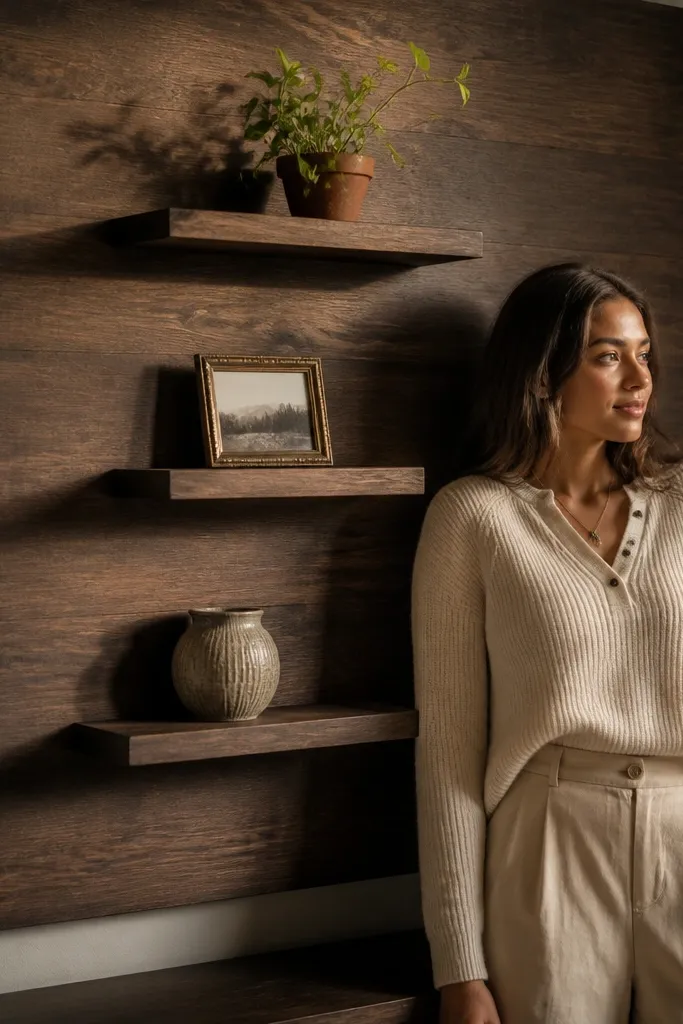 Three floating ledges over a stained backboard in a bedroom corner