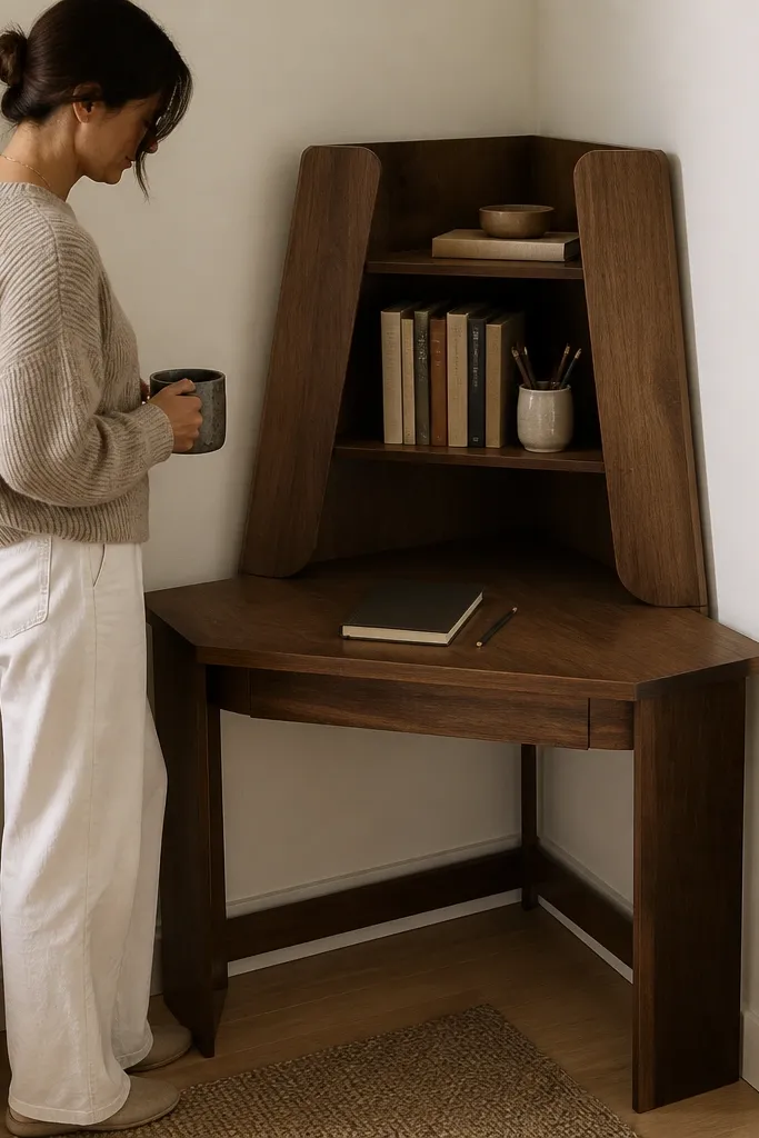 Small corner drop-leaf desk with a back shelf and warm wood finish