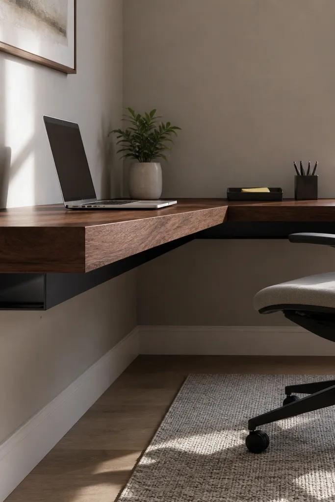 Light floating L-shaped corner desk with a cable channel and wall shelf above