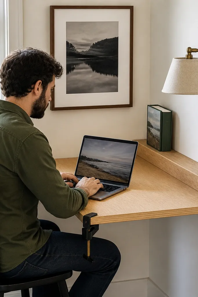Clamp-on corner desk setup with a wood board and metal clamps on a wall
