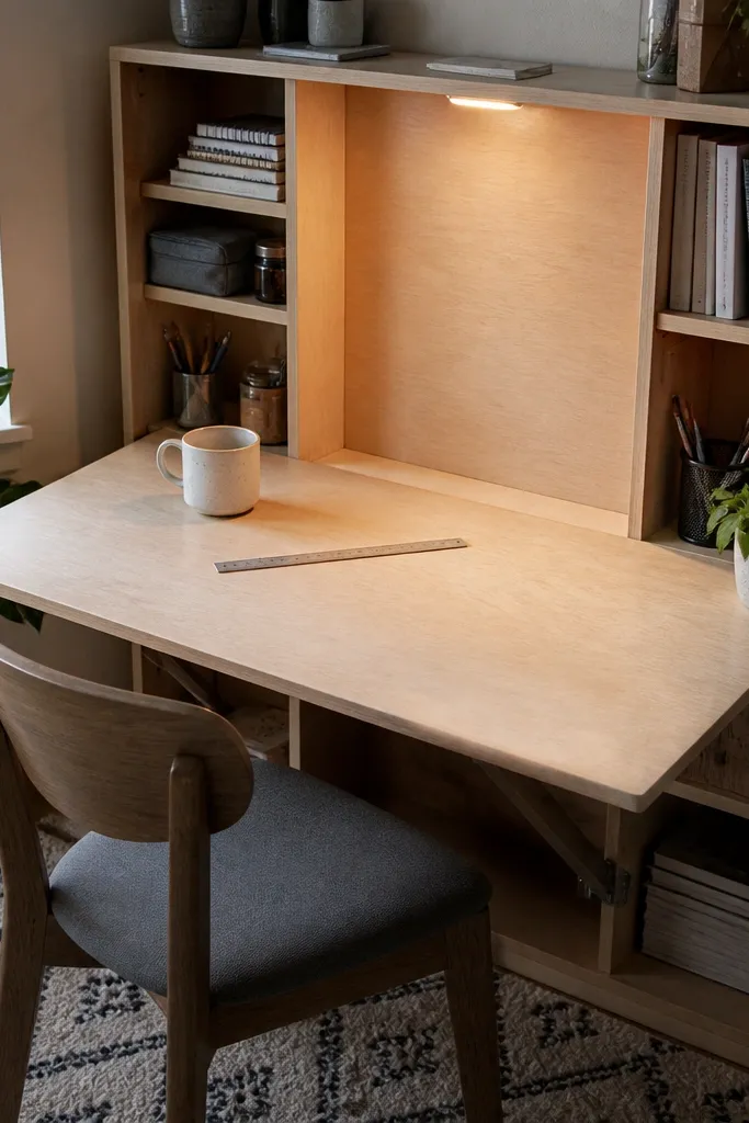 Bookshelf corner unit with a flip-up desk top and tidy storage cubbies