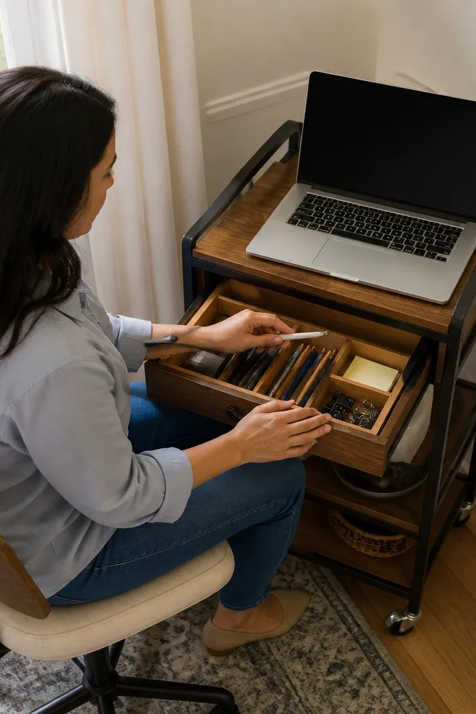Small rolling cart tucked in a corner with a drawer for supplies and a laptop tray