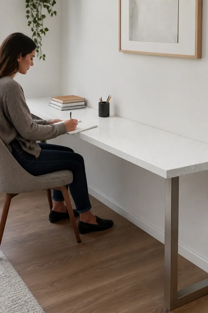 Corner counter desk with two legs and a clean underside for leg space