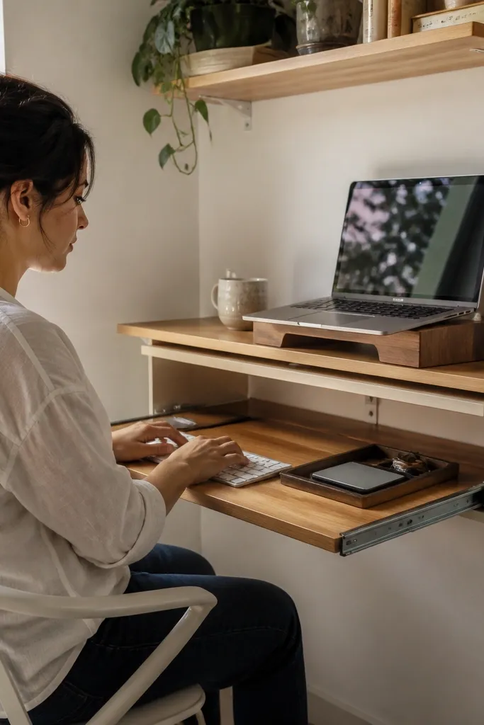 Wall shelf desk with a pull-out keyboard tray and a small monitor stand