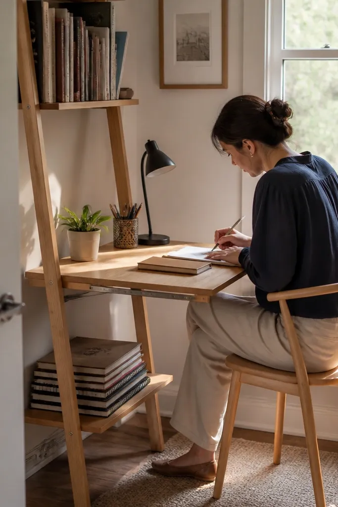 Corner ladder shelf with a small desk top mounted on rails and books on shelves