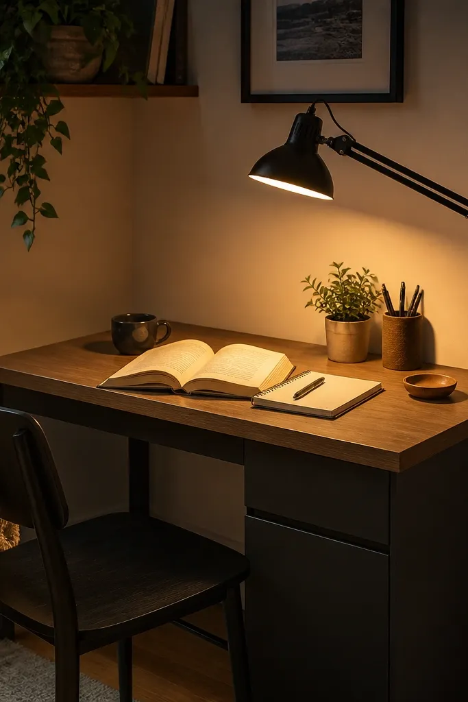 Corner desk with angled lamp, wall shelf, and a warm lighting glow