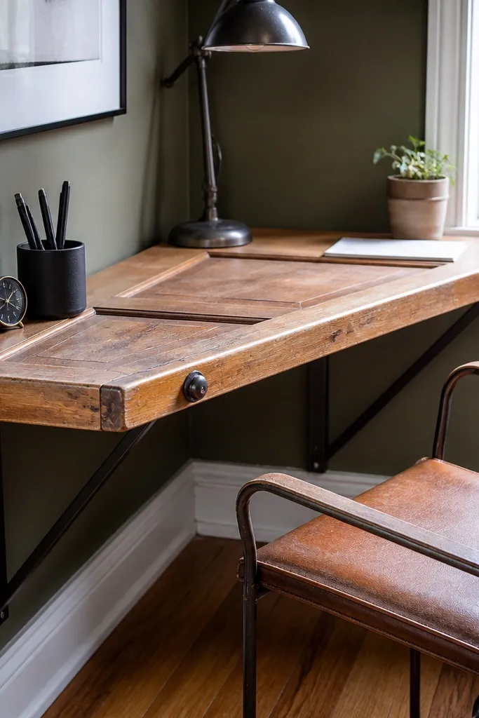 Salvaged door slab desk in a corner with modern brackets and a matte finish