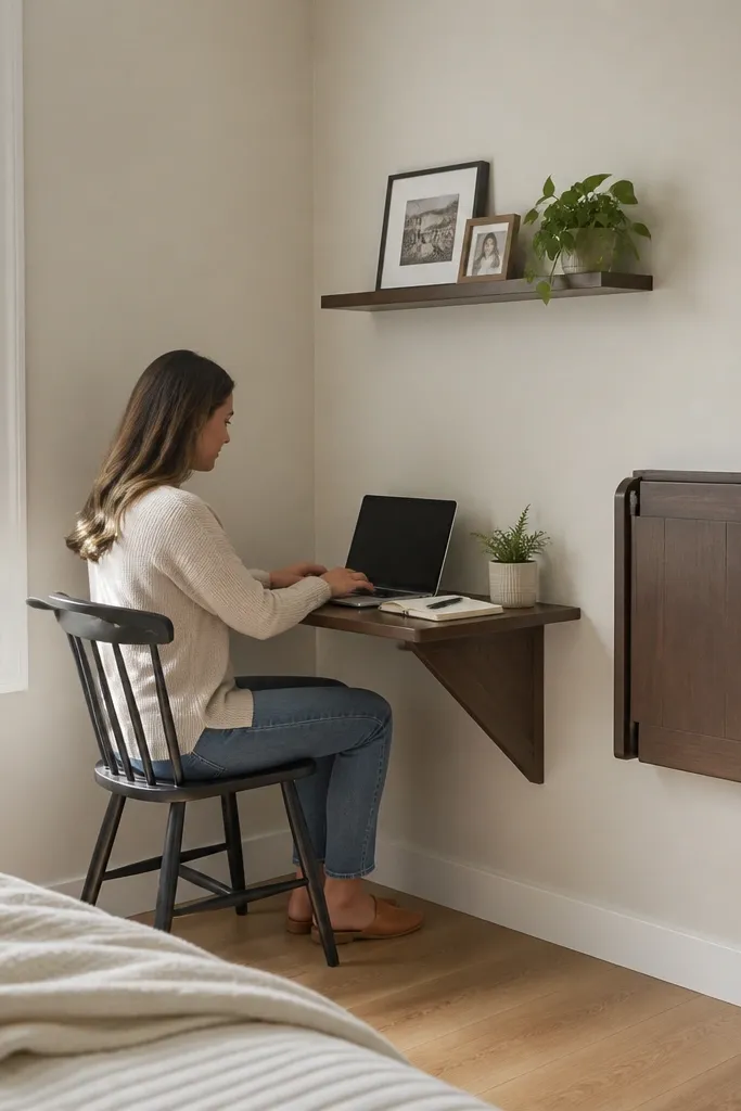 Small wall-mounted folding table in a corner with a tidy closed position