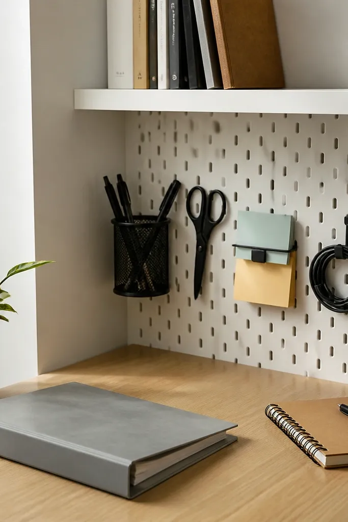 Pegboard side panel next to a corner desk with hooks, shelf, and neatly hung tools