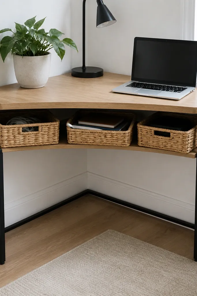 Corner desk with a slim under-shelf for baskets and a clean open leg area
