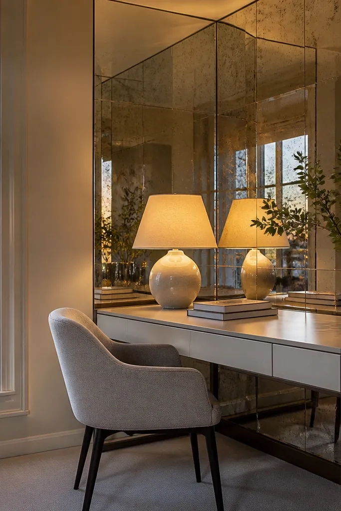 Corner desk with a mirrored back panel behind books and a lamp for bright look