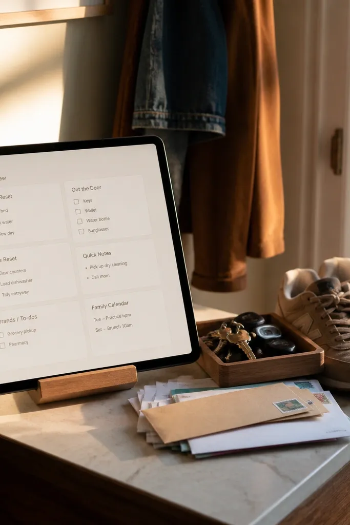Cream Notion dashboard with an entryway theme and a short checklist of daily drop-zone tasks.