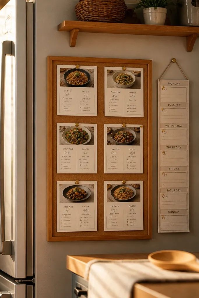 Notion recipe board with warm covers, meal cards, and a weekly rotation strip at the top.