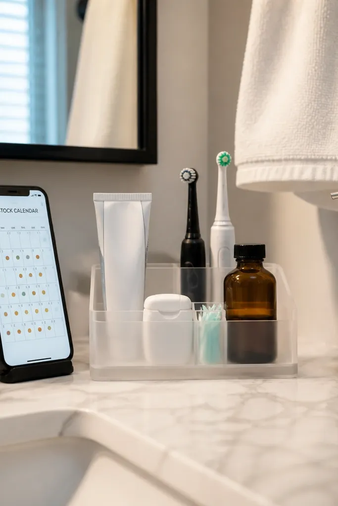 Notion bathroom restock page with product cards and a monthly calendar strip.