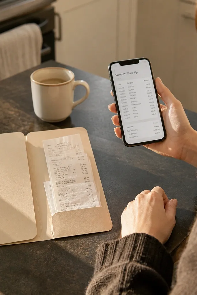 Beige Notion receipts page with a monthly list, categories, and a simple status column.