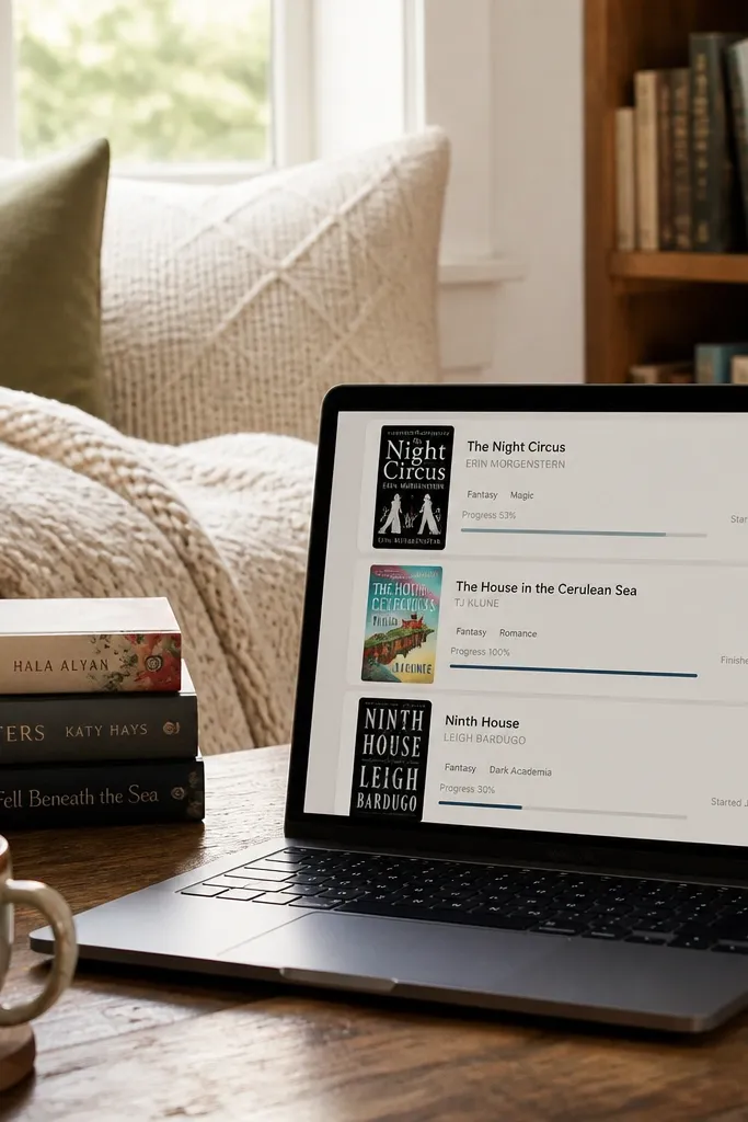Reading nook Notion page with book cards, cozy icons, and a small progress tracking strip.