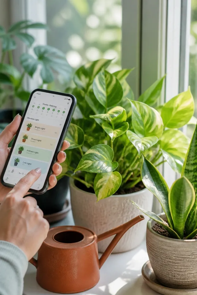 Plant care Notion page with light level tags and a weekly watering checklist.