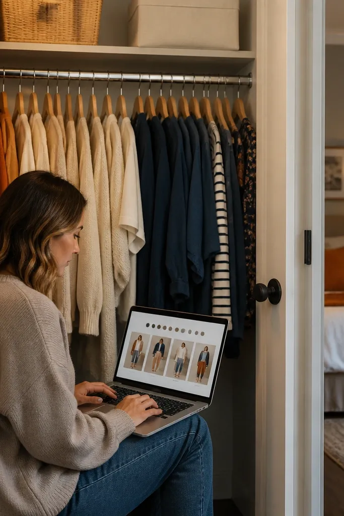 Notion closet planner with outfit cards, color tags, and a small capsule list.