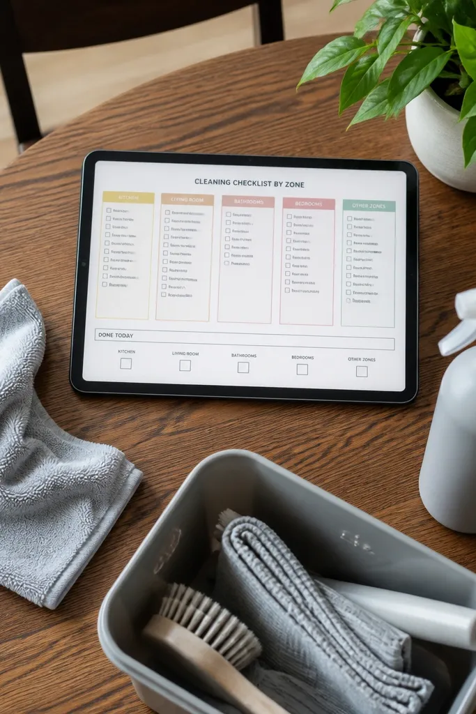 Zone-based cleaning checklist page with a map-like layout feel and checkboxes.