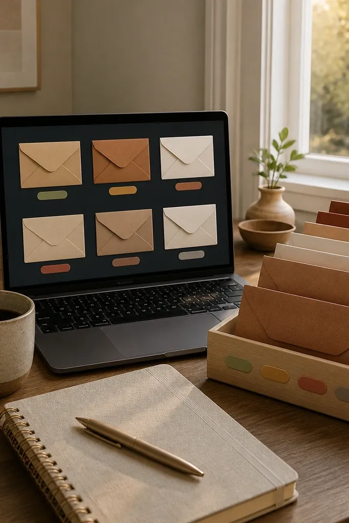 Budget Notion page with envelope-style sections and warm color labels for categories.