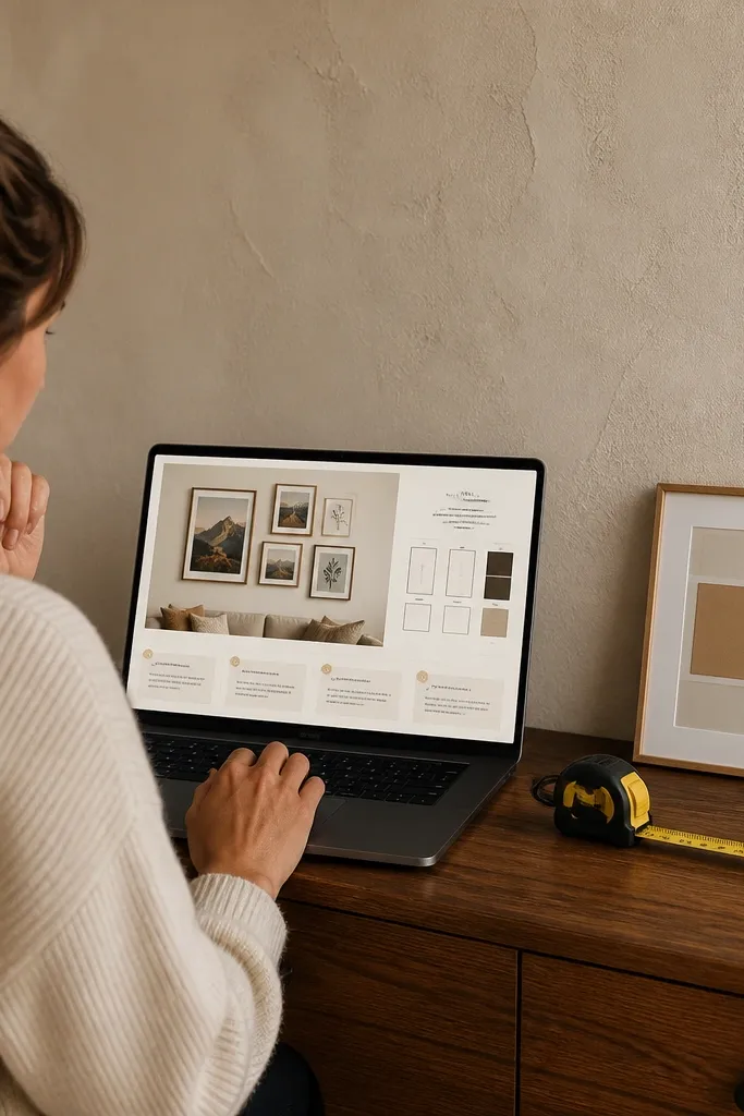 Wall art planner Notion page with print size notes and a checklist for frames and placement.