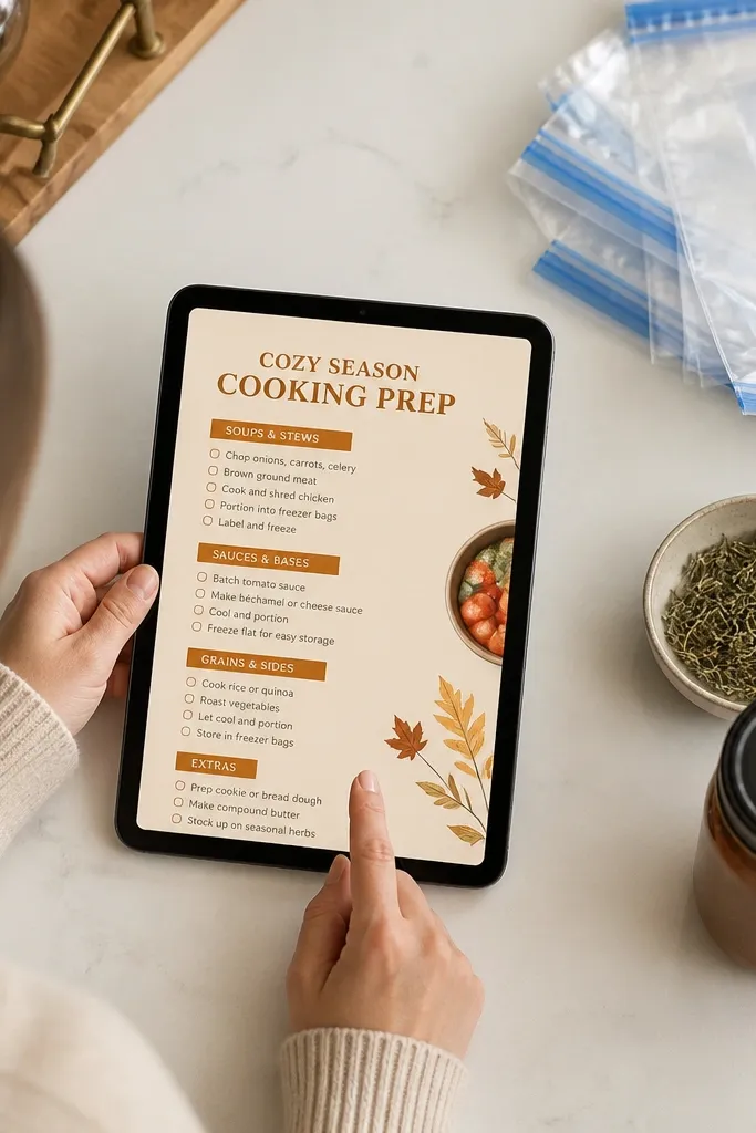 Seasonal cooking prep Notion page with checklist sections and meal tags by month.