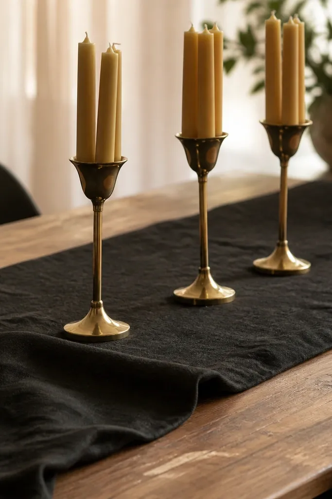 Charcoal linen runner with three brass candle holders and black taper candles