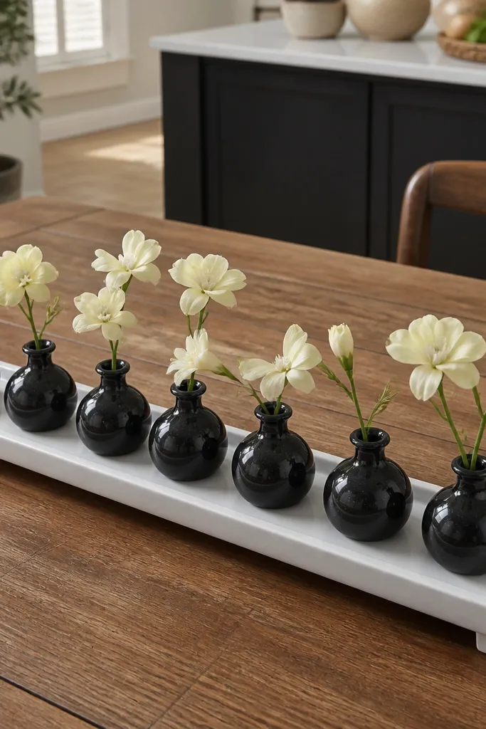 White tray holding five small black bud vases with single-stem flowers