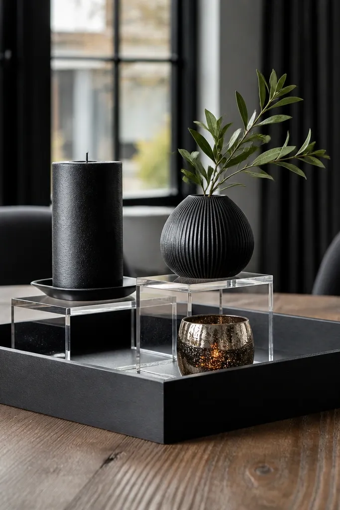 Matte black tray with clear acrylic risers and small black decor items