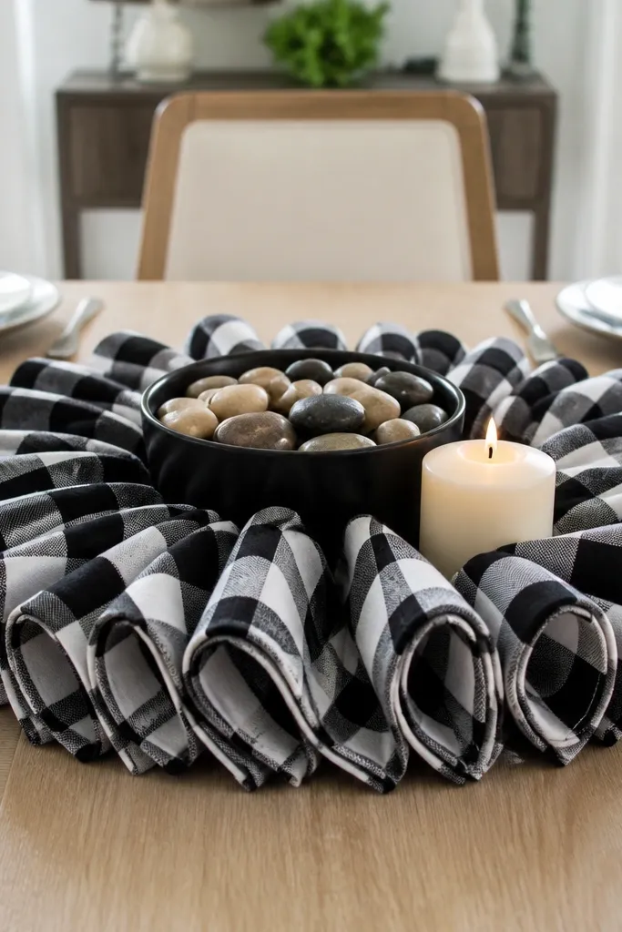 Black and white checkered placemats forming a ring around a candle