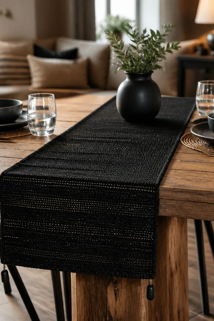 Woven black runner across a table with small weights at both ends
