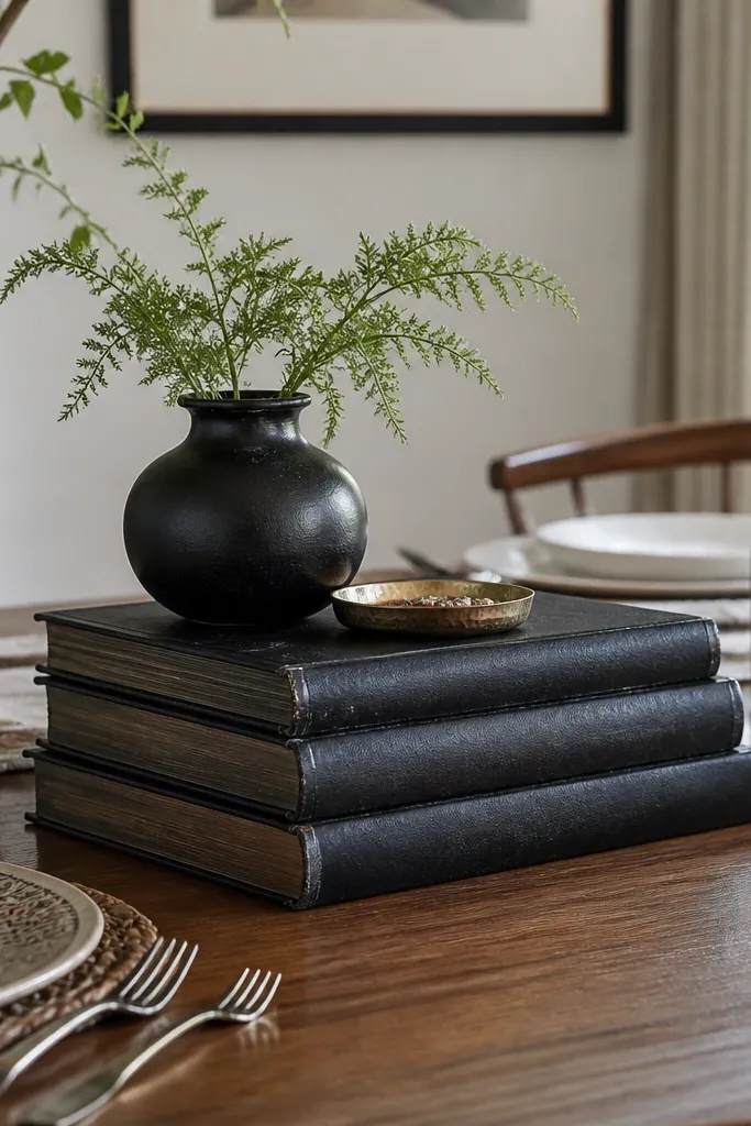 Stacked black books with a small black vase and candle on top
