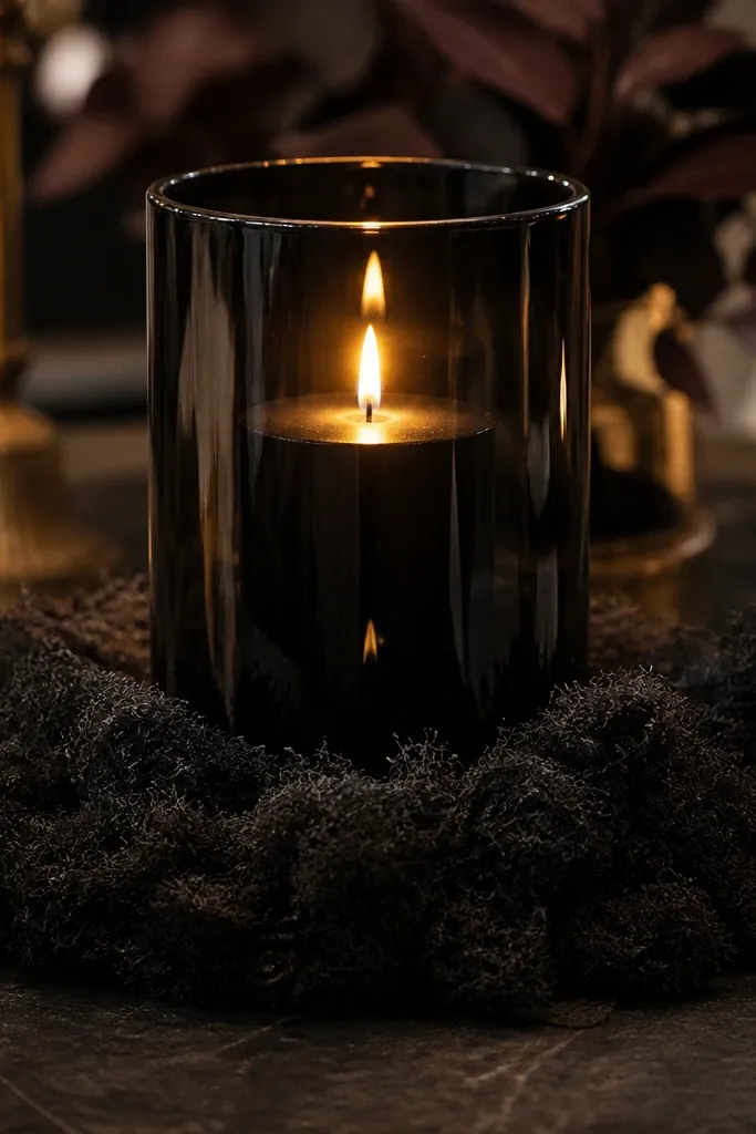 Black hurricane candle surrounded by dark faux moss on a tray