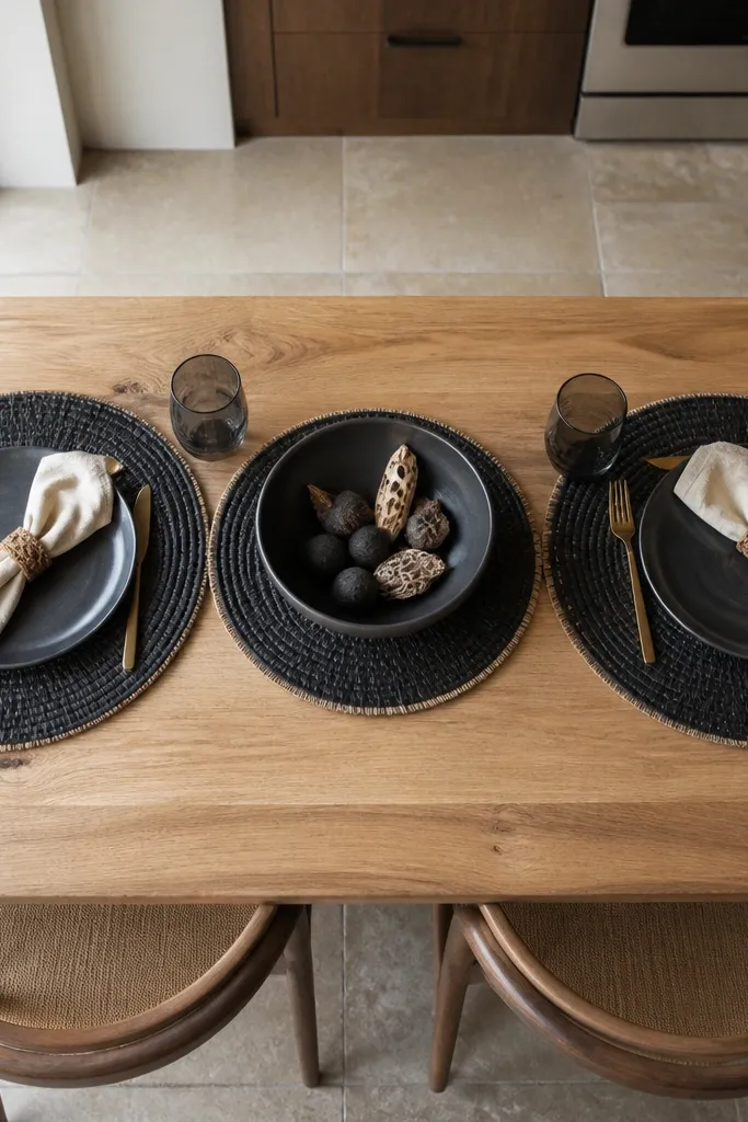 Black rattan coasters with a charcoal bowl centerpiece