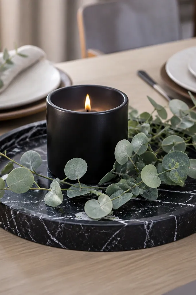 Black marble-effect tray with eucalyptus sprigs and a single black candle