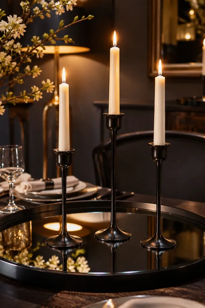 Three black candlesticks on a mirror tray with small black stones