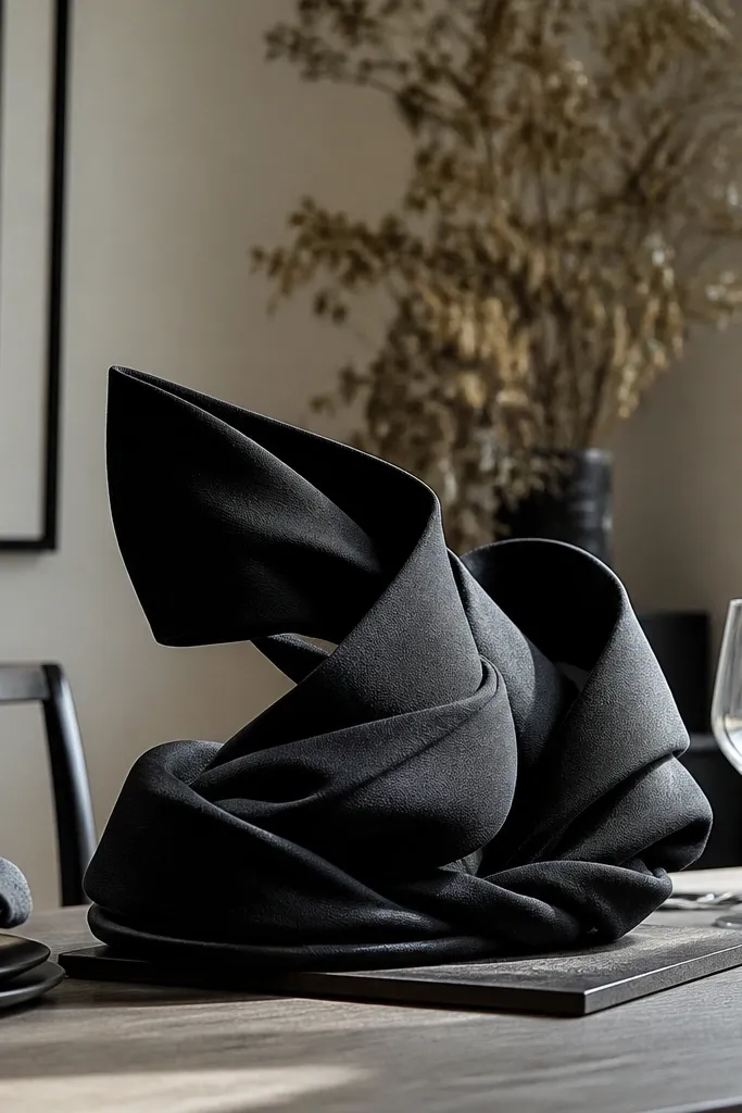 Twisted black fabric centerpiece tied like a ribbon on a small tray