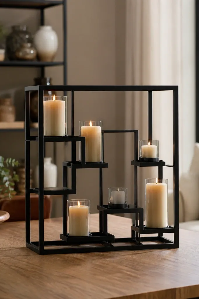 Black frame-style candle holders arranged in a balanced centerpiece