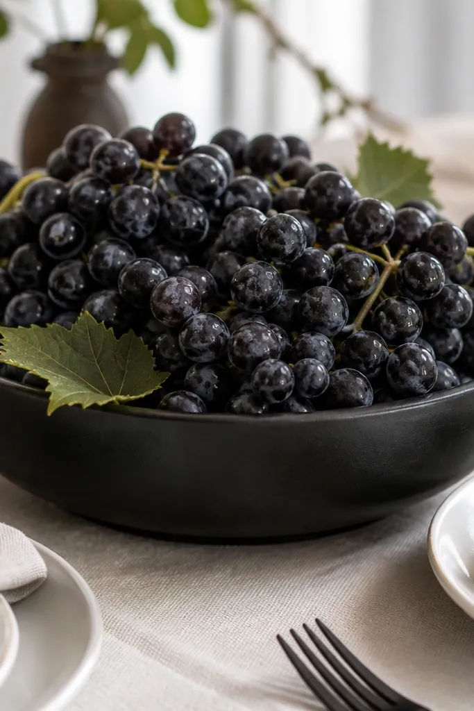 Black stoneware bowl filled with black grapes and faux leaves