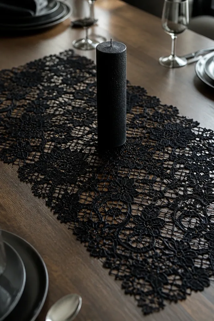 Black lace doily laid across table with one tall black pillar candle