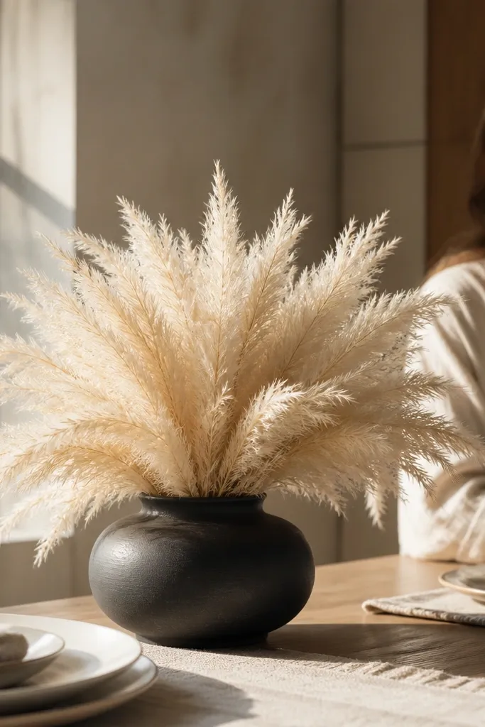 Short black vase with black and cream pampas-like stems