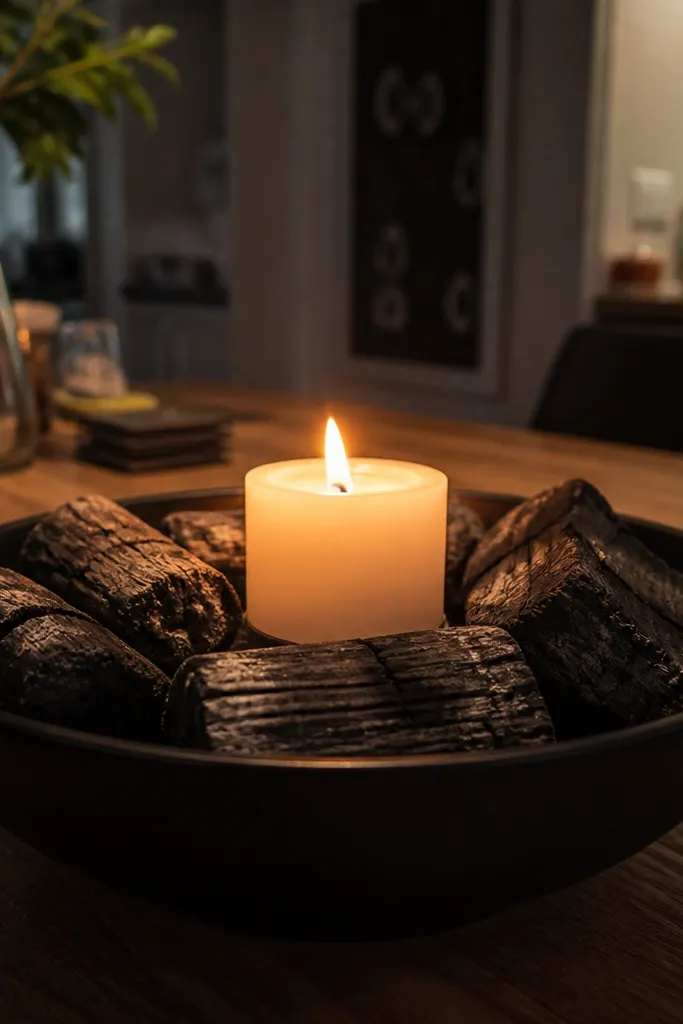 Black tray with candle and faux charcoal log pieces