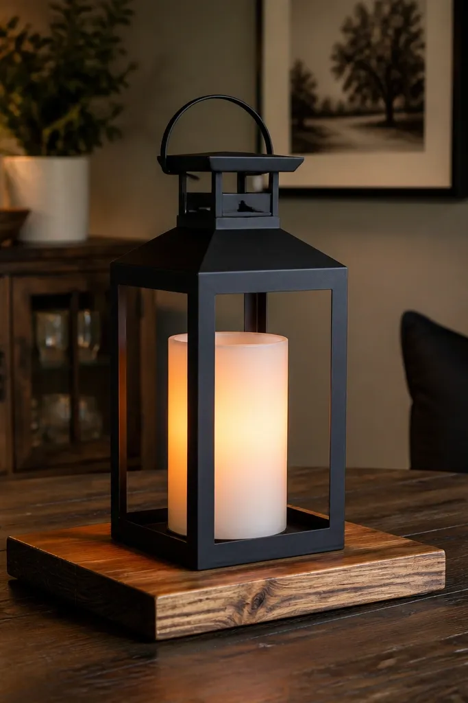 Black lantern on a wooden board with a candle inside