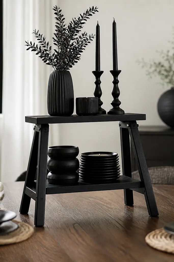 Small step ladder centered on table with black decor on each rung